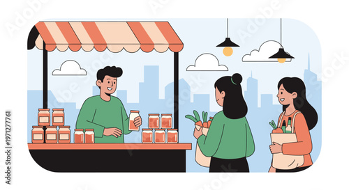 Friendly vendor showing jars of local products to customers at a market stall with a city skyline in the distant background.