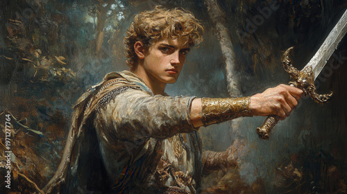 Young Warrior with Sword in Fantasy Forest Setting