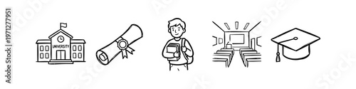 Hand-drawn doodle set of university and education icons featuring a campus building, diploma scroll, male student, lecture hall, and mortarboard cap in minimalist black line art.