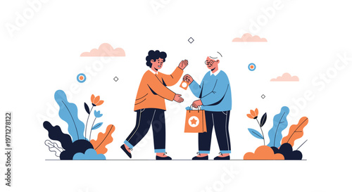 Kind young person helping an elderly woman by handing her a shopping bag in a beautiful park with flowers and clouds.