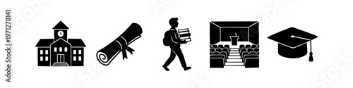 Set of black education and graduation silhouette icons including a school building, diploma scroll, student with books, lecture hall, and mortarboard cap. Ideal for academic and school themes.