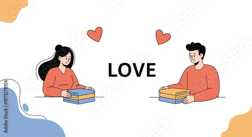 Happy couple working together at home and folding laundry as a symbol of shared domestic responsibility and love.