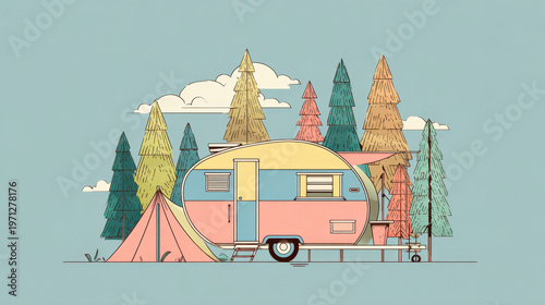 Camping in a trailer at a forest