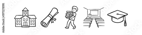 Set of hand-drawn education icons including a school building, diploma scroll, student carrying books, lecture hall, and graduation cap. Perfect for academic, learning, and graduation designs.