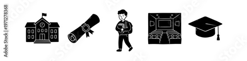 Black and white educational icon set featuring a school building, diploma, student with books, lecture hall, and graduation cap. Perfect for university, learning, and academic projects.