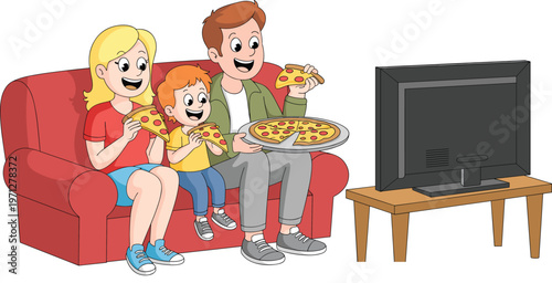Happy Family Character Eating Pizza and Watching TV on Sofa for Home Leisure Lifestyle Weekend Activity Movie Night Entertainment and Togetherness Concept Illustration in Flat Cartoon Vector Style