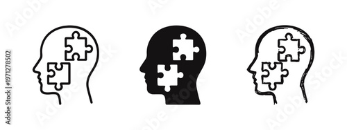 Head with Puzzle Pieces Icon Set - Problem Solving, Logic, Understanding, and Cognitive Process