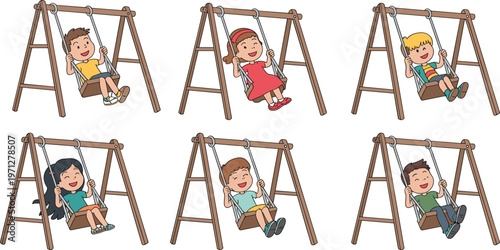 Happy Little Boys and Girls Character Playing on Wooden Swings Set Flat Vector Illustration for 