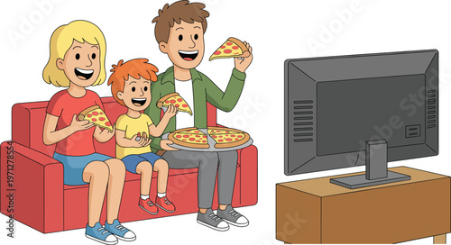 Happy Family Character Eating Pizza and Watching TV on Sofa for Home Leisure Lifestyle Weekend Activity Movie Night Entertainment and Togetherness Concept Illustration in 