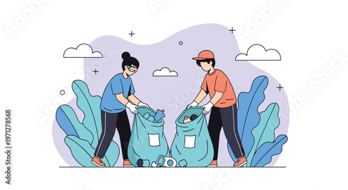 Volunteers working together to collect trash and clean up the natural environment in a park with trees and clouds.