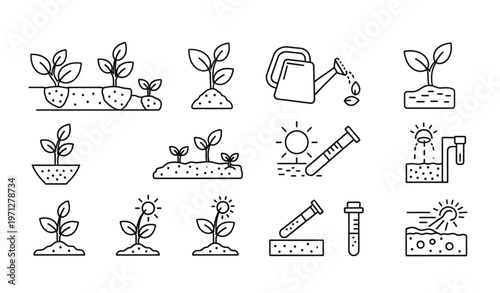Gardening line icon collection with plant growth seed stages and care symbols editable stroke isolated on transparent background
