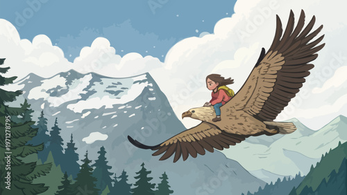 A young girl riding on the back of a flying eagle in a mountainous landscape silhouette