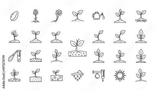 Plant growth lifecycle line icons set with seed germination and agriculture stages editable stroke isolated on transparent background