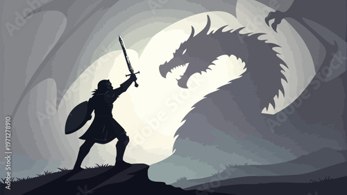 A brave warrior in silhouette battles a fierce dragon at sunset silhouette