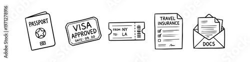 Hand-drawn doodle set of travel documents: passport, approved visa stamp, ticket, insurance policy, and documents envelope. Minimalist black line art illustration for vacation planning.