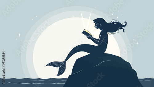 A mermaid silhouette sits on a rock reading a book under the moonlight