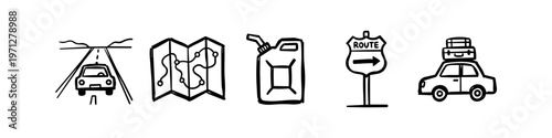 Hand-drawn doodle icon set of road trip elements including a car, highway, navigation map, gas can, route sign, and vehicle with suitcases. Ideal for travel blogging and adventure themes.