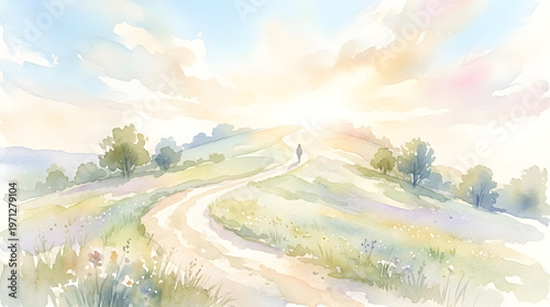 Person walking on a winding dirt road through a serene landscape with trees and flowers under a cloudy sky