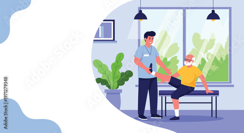 Professional physical therapist helping a senior man with leg stretching exercises in a bright rehabilitation clinic.