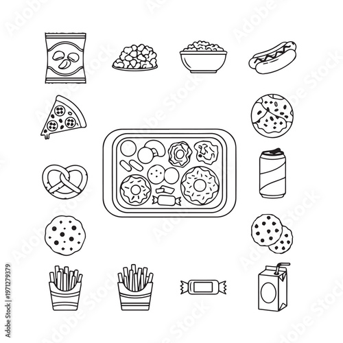 Unhealthy Fast Food Icons Set Doodle StyleSnack Collection