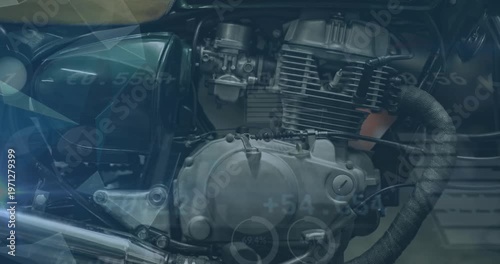 Animation of infographic interface over close-up of bike parked in garage