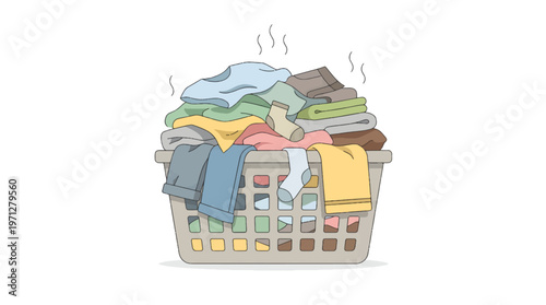 Overflowing Laundry Basket with Dirty Clothes Flat Vector Illustration