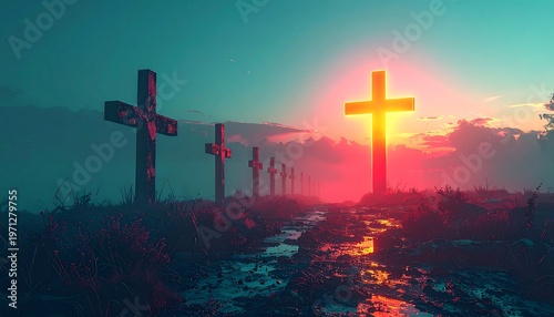 A solemn scene of crosses silhouetted against a beautiful sunset sky, symbolizing faith and sacrifice. The scene evokes a sense of reflection and reverence.
