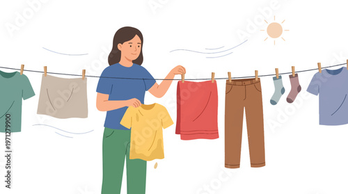Person Hanging Clothes on Clothesline Drying Laundry Flat Vector Illustration