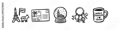 Hand-drawn black and white icons of travel souvenirs: Eiffel Tower, postcard, London snow globe, travel-themed keychain, and world traveler mug. Ideal for tourism and vacation designs.