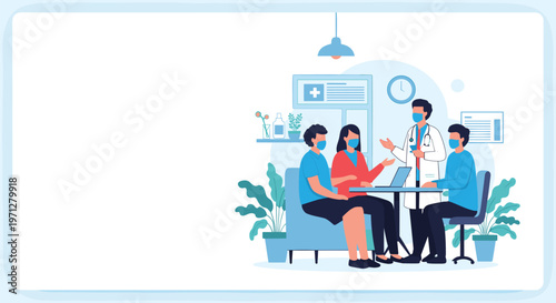 Group of patients wearing face masks having a medical consultation with a doctor around a table with a laptop.