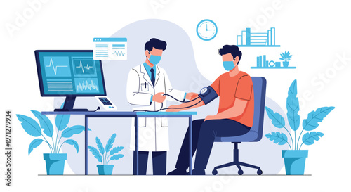 Male doctor wearing a protective face mask measuring the blood pressure of a young male patient in a modern office.