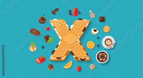 Large letter X made of delicious waffles and cream surrounded by various colorful sweets, fruits, and coffee cups.