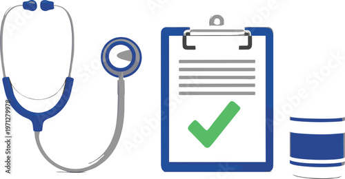Medical Healthcare Icon Set with Blue Stethoscope Clipboard and Green Checkmark Symbol for Hospital Reports Insurance Policy and Patient Wellness Exam DesignsMedical Healthcare Icon Set with Blue Stet