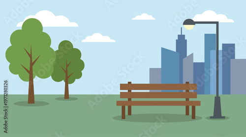 a park with a bench and city skyline.