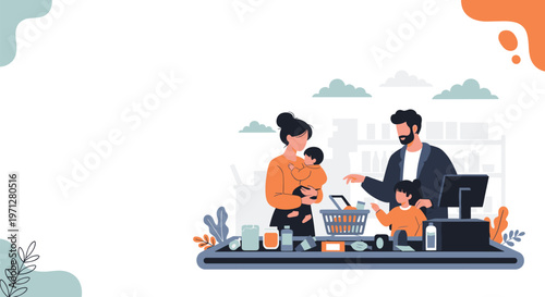 Happy young family with two small children standing at a supermarket checkout counter to pay for their basket of fresh groceries and household items.