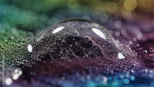 Macro close-up of vibrant water droplets forming and merging on textured surface, with rainbow bokeh background, symbolizing transformation, fluidity