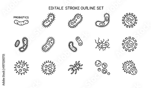 Probiotics bacteria and pathogen cells outline icon set vector