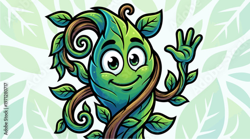 Cartoon plant character smiling.