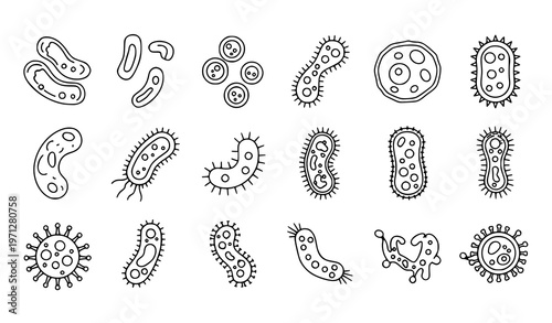Bacteria microbes and infection cells outline vector icon collection