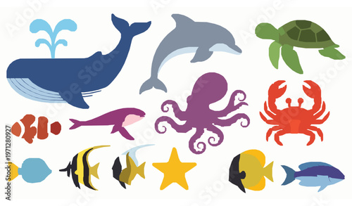 Ocean animals and marine life flat vector illustration set
