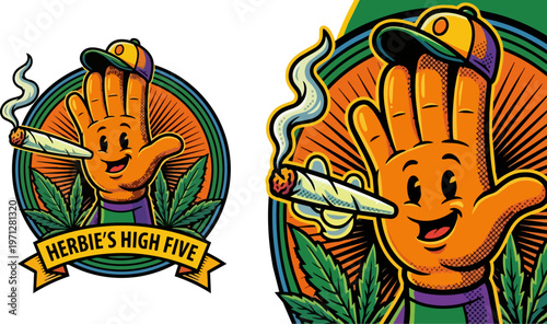 Cartoon hand holding cigarette logo.