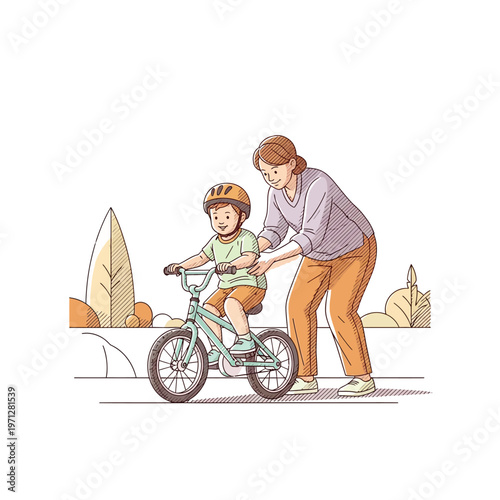 A mother teaching her young son to ride a bicycle outdoors, with the boy wearing a helmet and the woman supporting him.