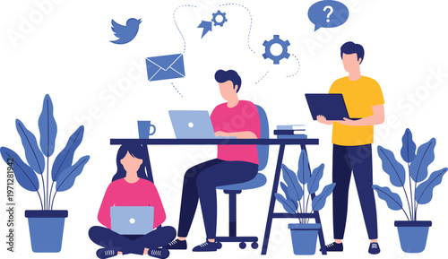 Modern Team Office Workflow Illustration Featuring Professionals Working on Laptops with Social Media and Technology Icons in Minimalist Flat StyleModern Team Office Workflow Illustration Featuring Pr