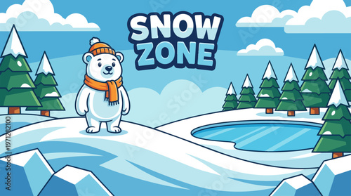 Cartoon polar bear in snow.