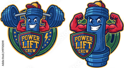 Cartoon dumbbell character lifting weights.