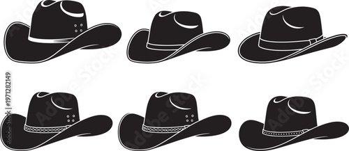 Collection of black cowboy hat silhouettes featuring various western headwear styles for ranching rodeo country fashion and outback adventure flat vector illustration design.