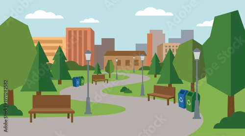 a city park with benches and buildings.