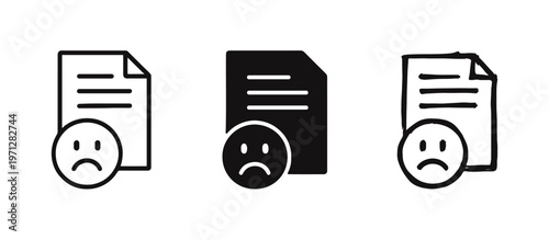Document with Sad Face Icon Set. File Error, Data Problem, and Failed Report Concept.