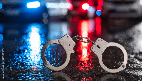 Handcuffs on wet surface with police lights blurred in background at night scene