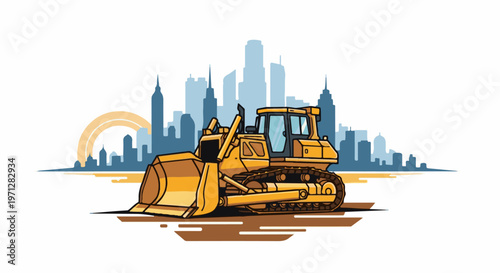 Yellow bulldozer in front of a city skyline and orange sun arc
